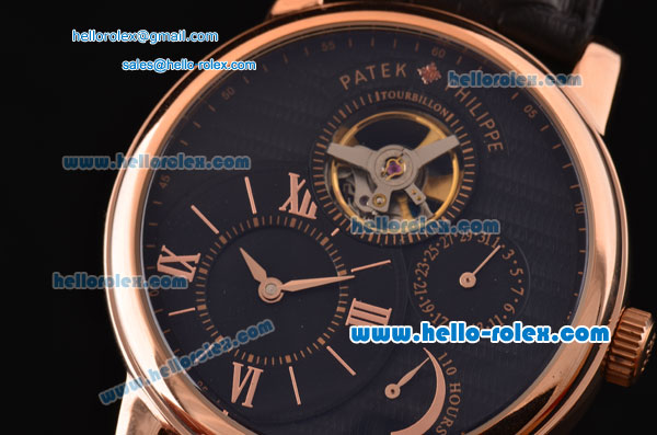 Patek Philippe Complications ST22 Automatic Rose Gold Case with Black Leather Strap Gold Markers and Black Dial - Click Image to Close